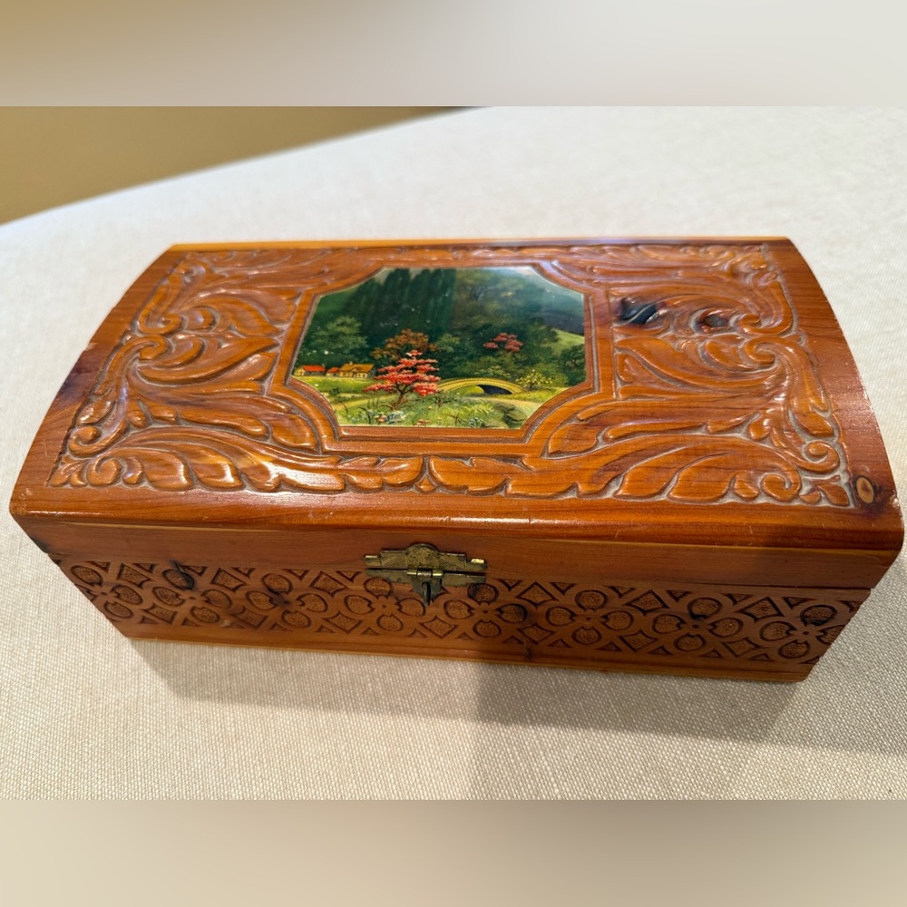 Vintage Carved Wooden Jewelry Box with Scenic Inlay mirrored